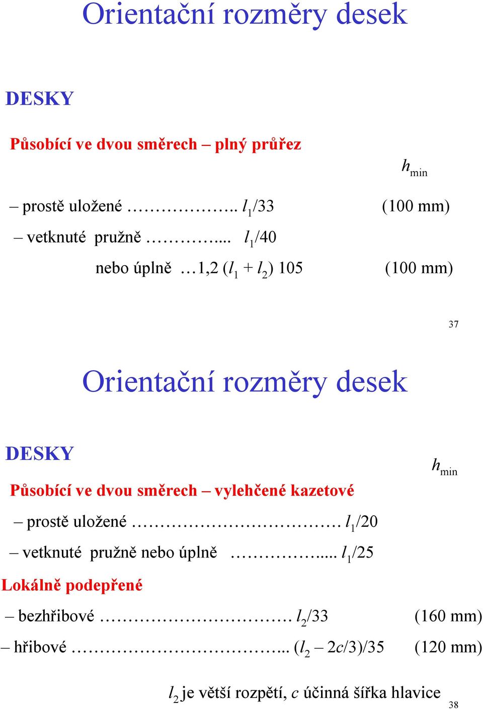 .. l 1 /40 nebo úplně 1,2 (l 1 + l 2 ) 105 (100mm) (100 mm) 37 Orientační rozměry desek DESKY Působící ve dvou