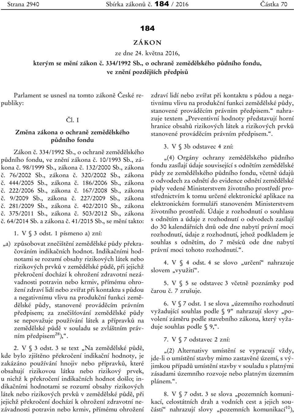 , o ochraně zemědělského půdního fondu, ve znění zákona č. 10/1993 Sb., zákona č. 98/1999 Sb., zákona č. 132/2000 Sb., zákona č. 76/2002 Sb., zákona č. 320/2002 Sb., zákona č. 444/2005 Sb., zákona č. 186/2006 Sb.