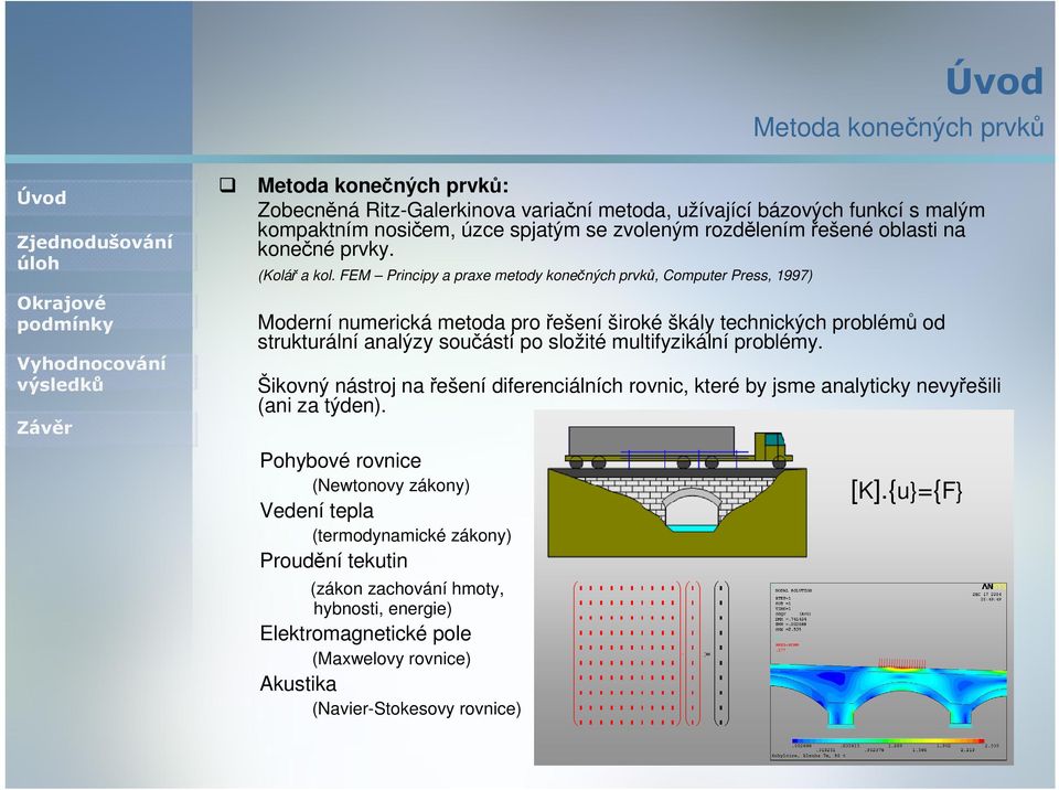 FEM Principy a praxe metody konečných prvků, Computer Press, 1997) Moderní numerická metoda pro řešení široké škály technických problémů od strukturální analýzy součástí po složité