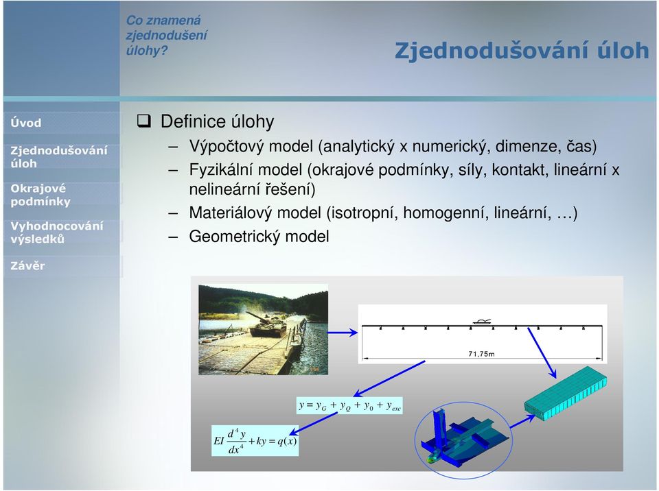 Fyzikální model (okrajové, síly, kontakt, lineární x nelineární řešení)