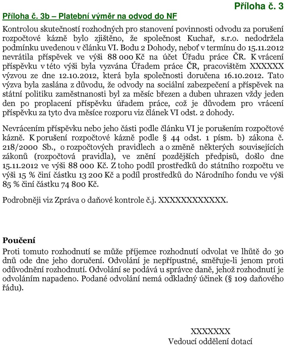 K vrácení příspěvku v této výši byla vyzvána Úřadem práce ČR, pracovištěm XXXXXX výzvou ze dne 12.10.2012,