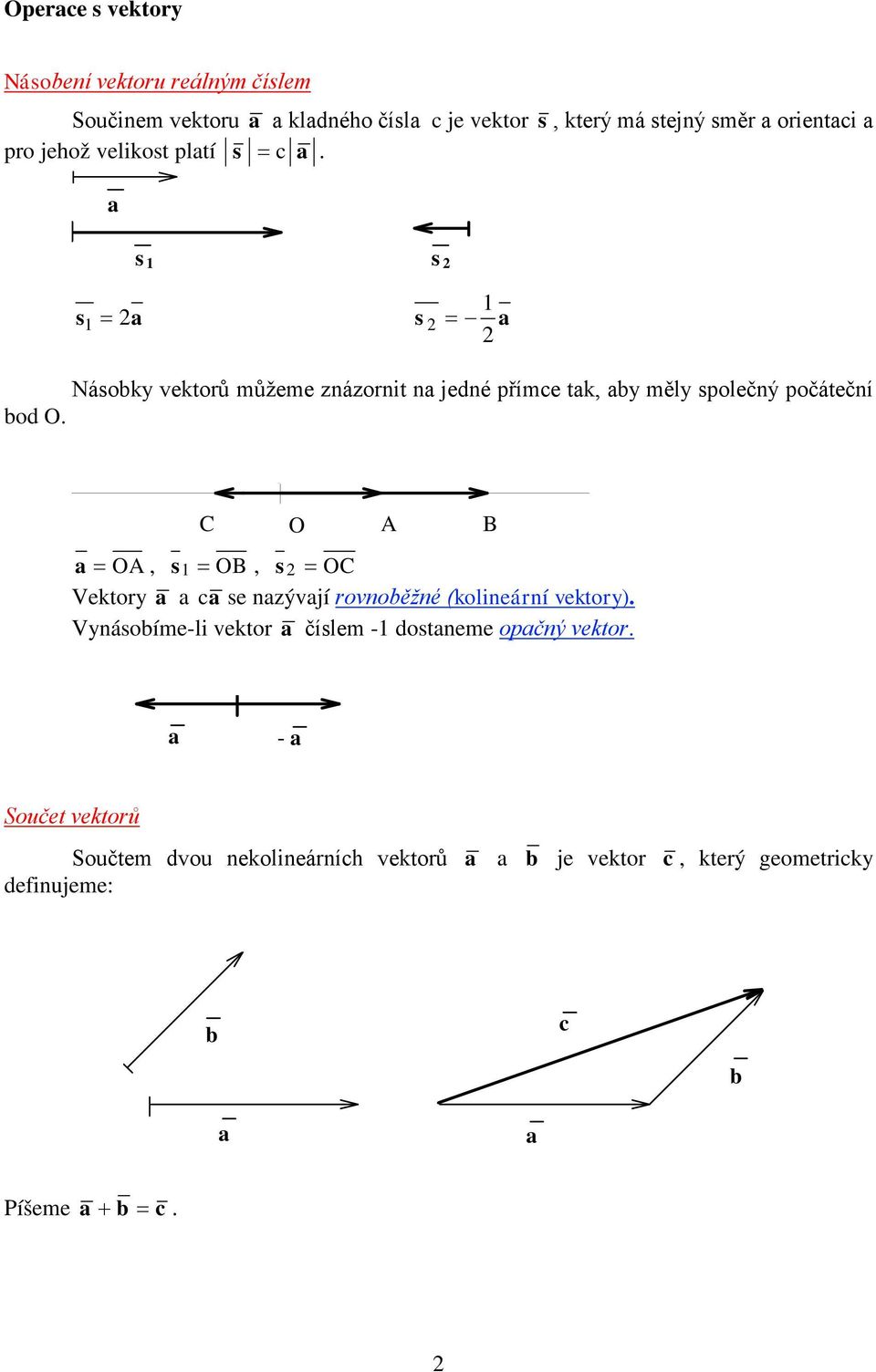 s s 2 s s 2 = - 2 Násoky vektorů můžeme znázornit n jedné přímce tk, y měly společný počáteční od O.