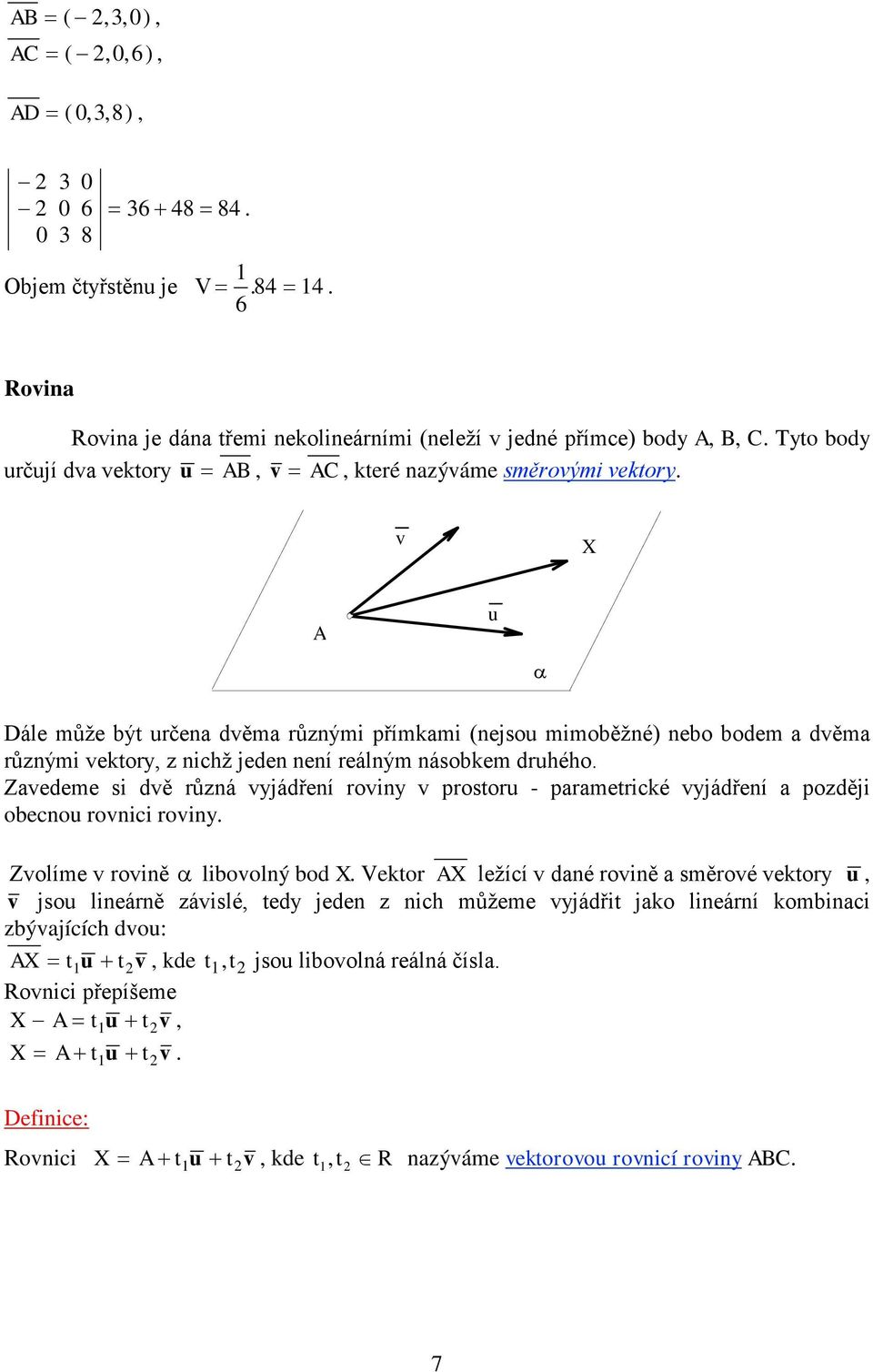 v X A u Dále může ýt určen dvěm různými přímkmi (nejsou mimoěžné) neo odem dvěm různými vektory, z nichž jeden není reálným násokem druhého.