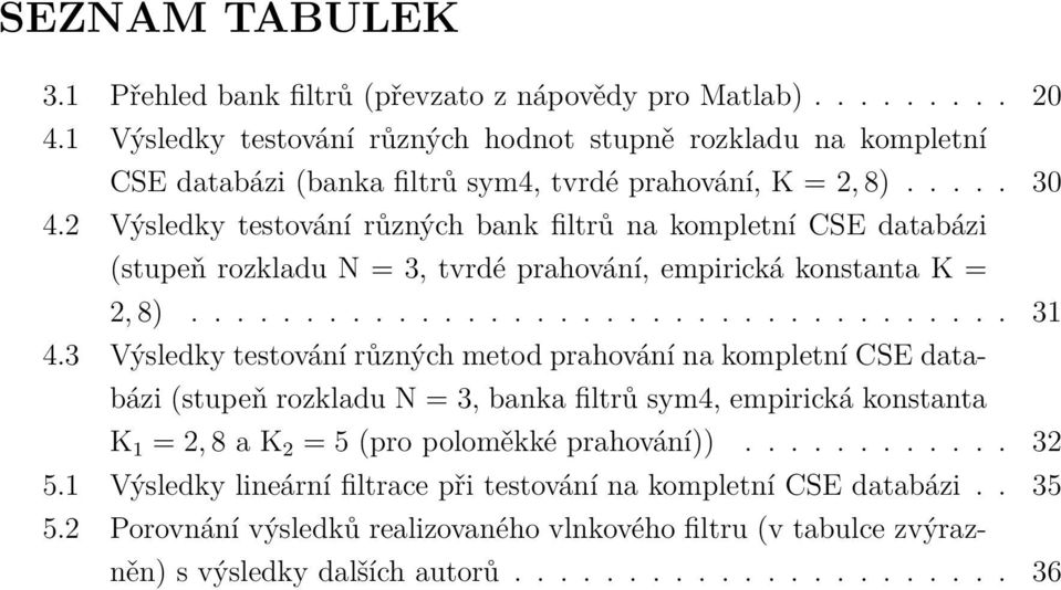 2 Výsledky testování různých bank filtrů na kompletní CSE databázi (stupeň rozkladu N = 3, tvrdé prahování, empirická konstanta K = 2, 8).................................... 31 4.