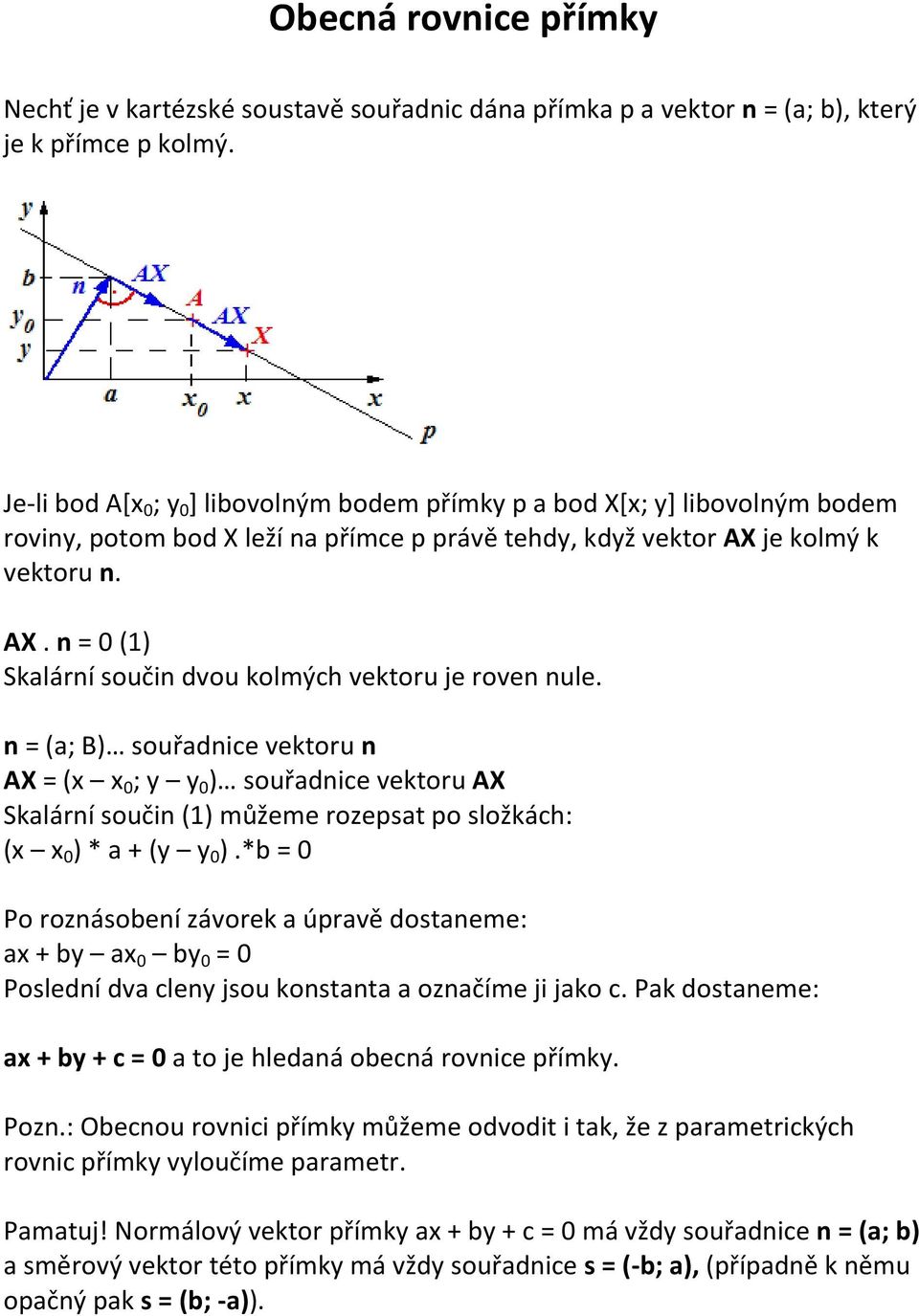 je kolmý k vektoru n. AX. n = 0 (1) Skalární součin dvou kolmých vektoru je roven nule.
