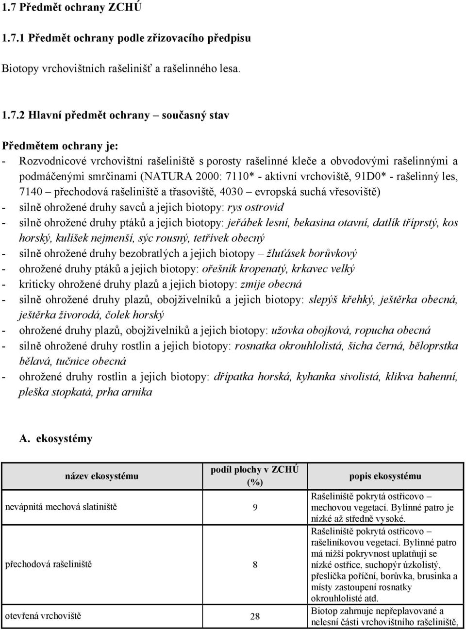 rašeliniště a třasoviště, 4030 evropská suchá vřesoviště) - silně ohrožené druhy savců a jejich biotopy: rys ostrovid - silně ohrožené druhy ptáků a jejich biotopy: jeřábek lesní, bekasina otavní,