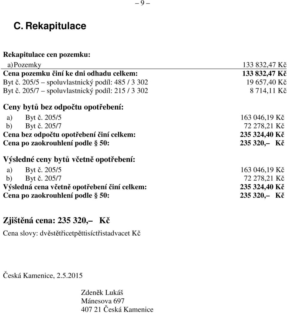 205/7 72 278,21 Kč Cena bez odpočtu opotřebení činí celkem: 235 324,40 Kč Cena po zaokrouhlení podle 50: 235 320, Kč Výsledné ceny bytů včetně opotřebení: a) Byt č. 205/5 163 046,19 Kč b) Byt č.