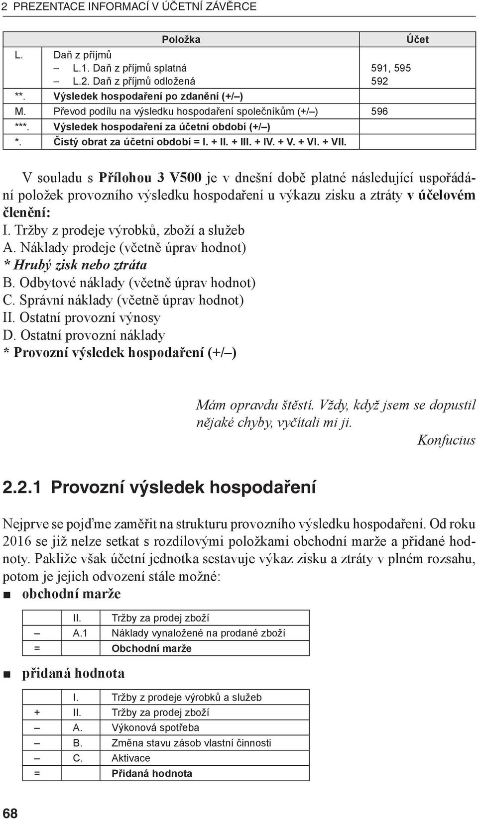 V souladu s Přílohou 3 V500 je v dnešní době platné následující uspořádání položek provozního výsledku hospodaření u výkazu zisku a ztráty v účelovém členění: I.