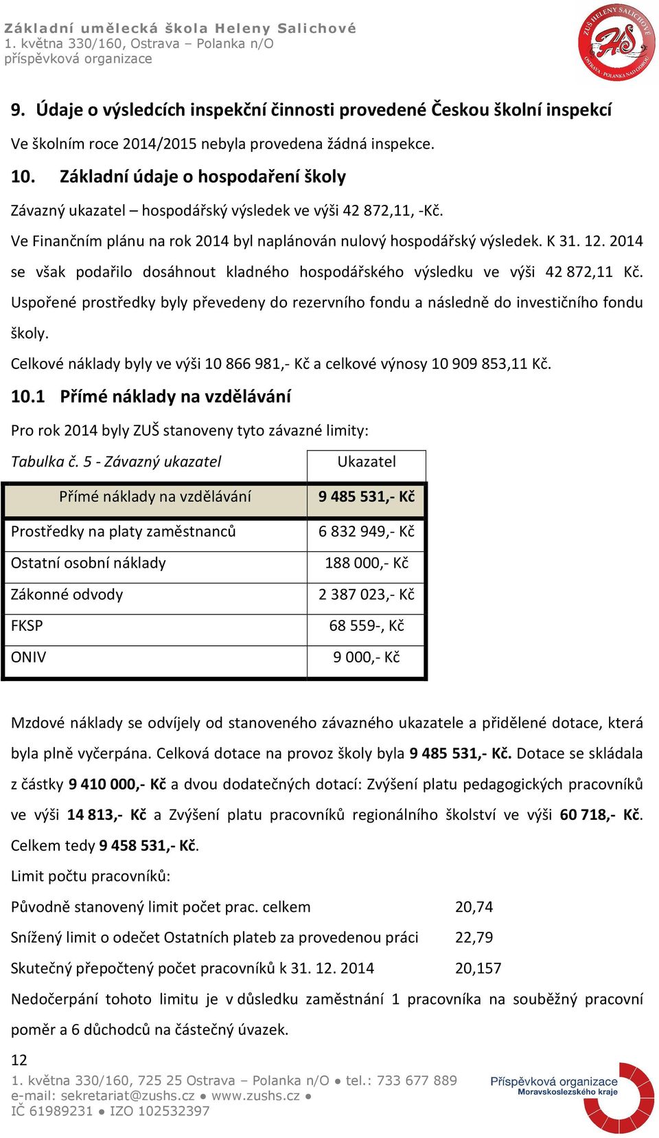 2014 se však podařilo dosáhnout kladného hospodářského výsledku ve výši 42872,11 Kč. Uspořené prostředky byly převedeny do rezervního fondu a následně do investičního fondu školy.