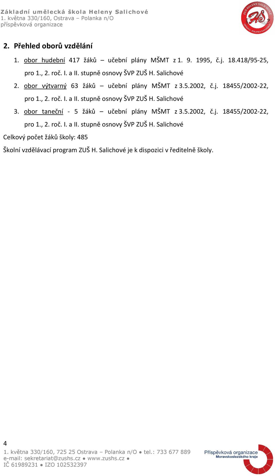 stupně osnovy ŠVP ZUŠ H. Salichové 3. obor taneční - 5 žáků učební plány MŠMT z 3.5.2002, č.j. 18455/2002-22, pro 1., 2. roč. I. a II.