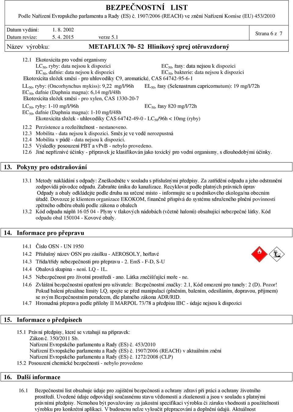 složek směsi pro uhlovodíky C9, aromatické, CAS 647429561 LL 50, ryby: (Oncorhynchus mykiss): 9,22 mg/l/96h EL 50, řasy (Selenastrum capricornutum): 19 mg/l/72h EC 50, dafnie (Daphnia magna): 6,14