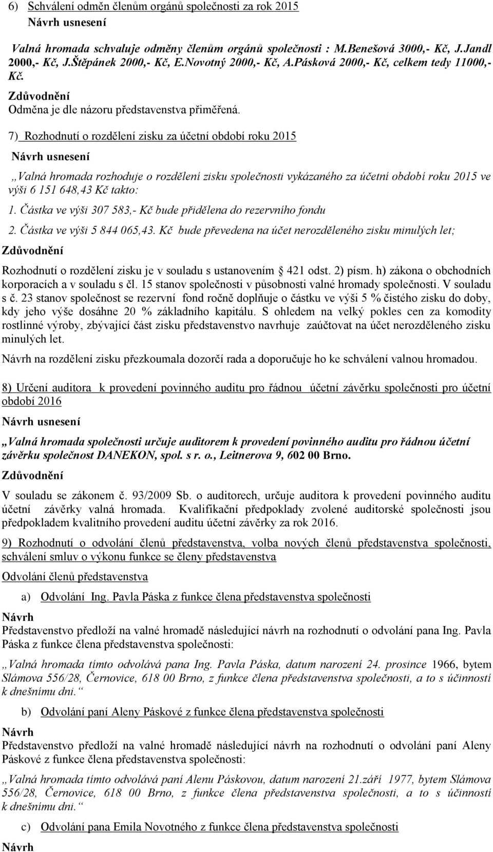 7) Rozhodnutí o rozdělení zisku za účetní období roku 2015 usnesení Valná hromada rozhoduje o rozdělení zisku společnosti vykázaného za účetní období roku 2015 ve výši 6 151 648,43 Kč takto: 1.