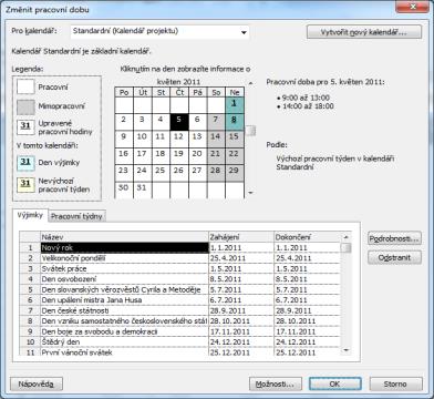 Kalendáře lze přiřadit na 3 místech: 1) Kalendář projektu karta Projekt, Informace o projektu. Zde nastavujeme hlavní kalendář projektu, který má ve výchozím stavu dopad na všechny úkoly a zdroje.