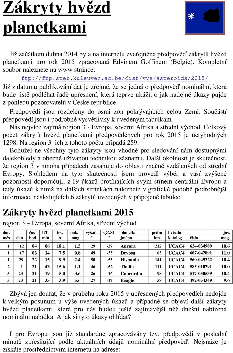 be/dist/vvs/asteroids/2015/ Již z datumu publikování dat je zřejmé, že se jedná o předpověď nominální, která bude jistě podléhat řadě upřesnění, která teprve ukáží, o jak nadějné úkazy půjde z