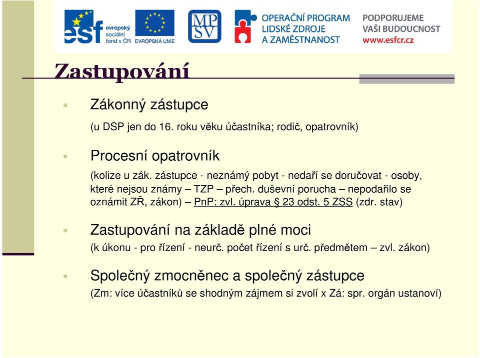 duševní porucha nepodařilo se oznámit ZŘ, zákon) PnP: zvl. úprava 23 odst. 5 ZSS (zdr.