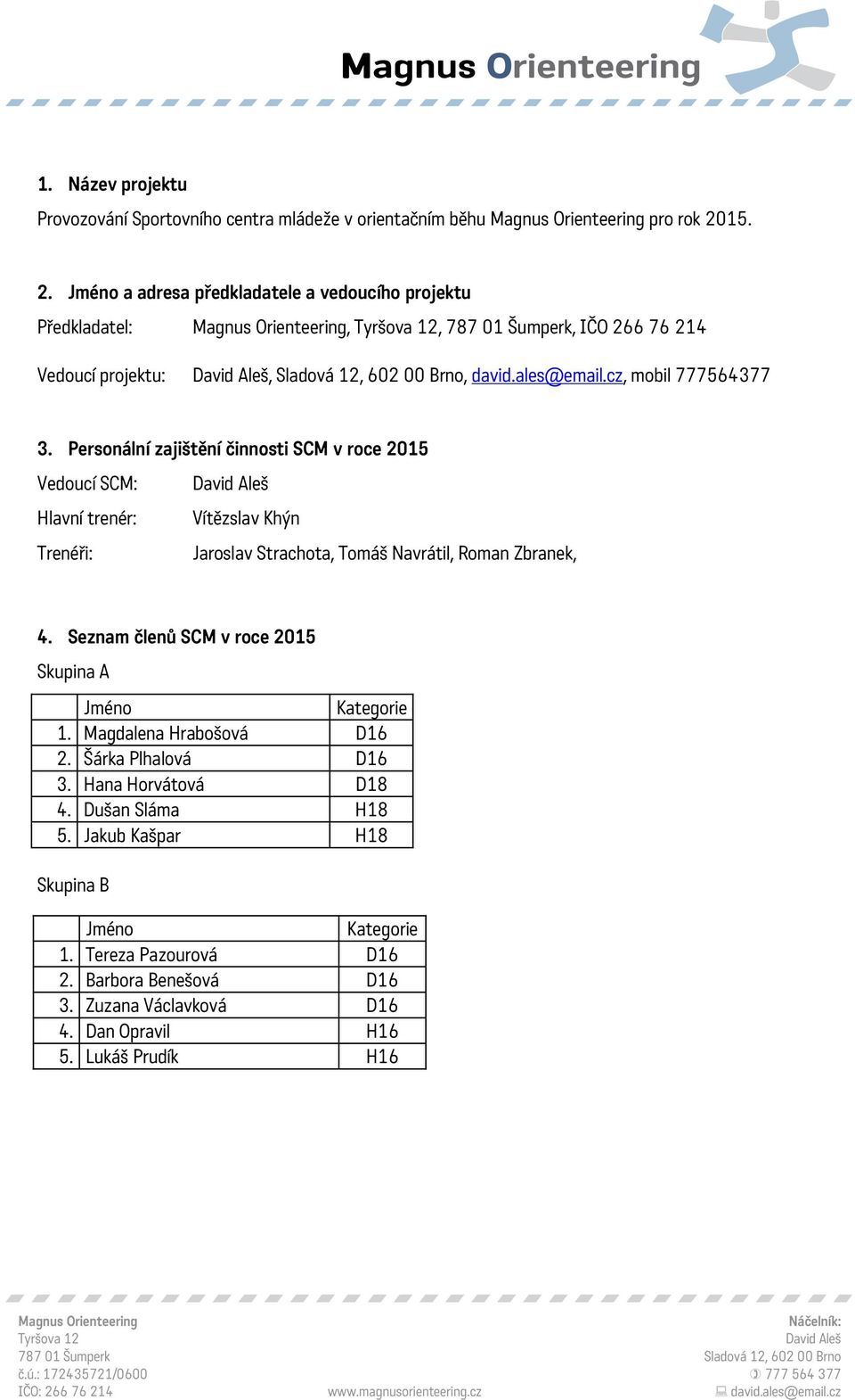 cz, mobil 777564377 3. Personální zajištění činnosti SCM v roce 2015 Vedoucí SCM: Hlavní trenér: Vítězslav Khýn Trenéři: Jaroslav Strachota, Tomáš Navrátil, Roman Zbranek, 4.