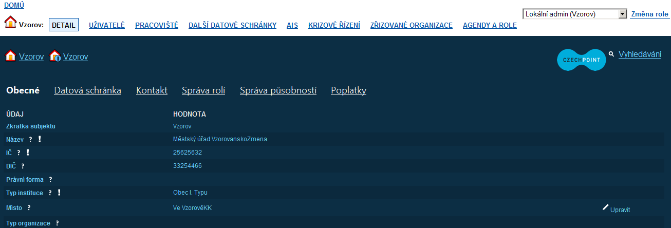 Zadejte nové heslo a stiskněte tlačítko Uložit změny. Přepněte se zpět do role Lokální administrátor. 3.4 Informace o subjektu 3.4.1 Údaje subjektu a (hlavní) datová schránka V horním menu klikněte na položku Detail.