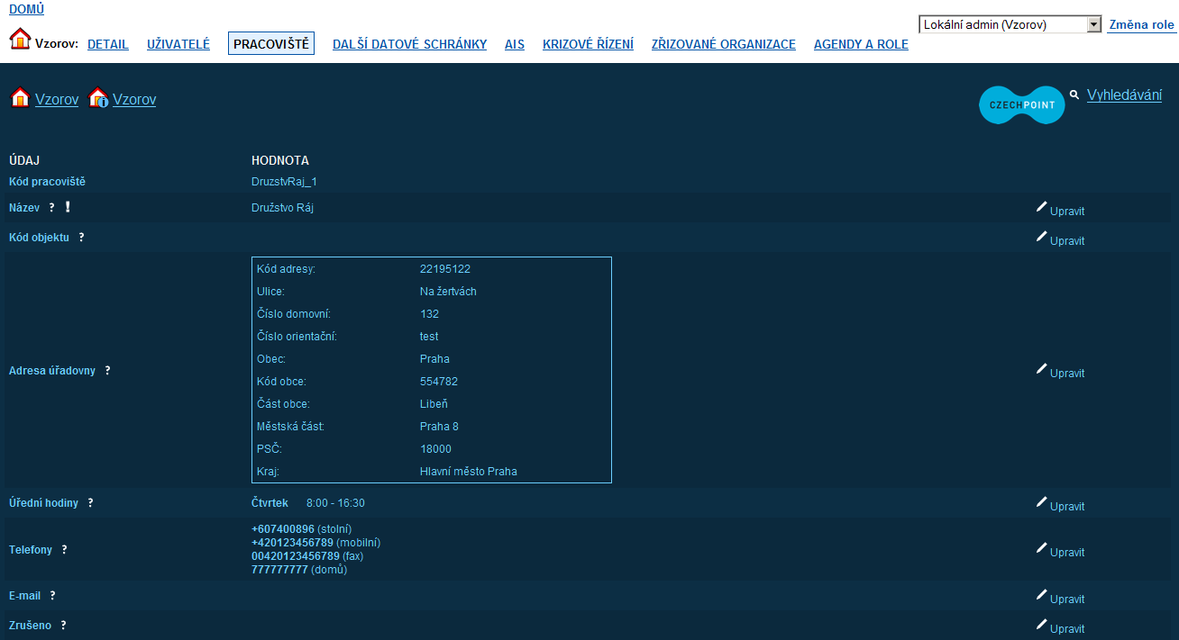 Zobrazí se obrazovka s údaji daného pracoviště: Údaj pracoviště změníte po kliknutí na odkaz Upravit v pravé části obrazovky.