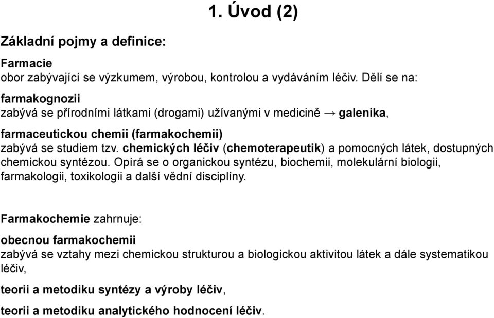 chemických léčiv (chemoterapeutik) a pomocných látek, dostupných chemickou syntézou.