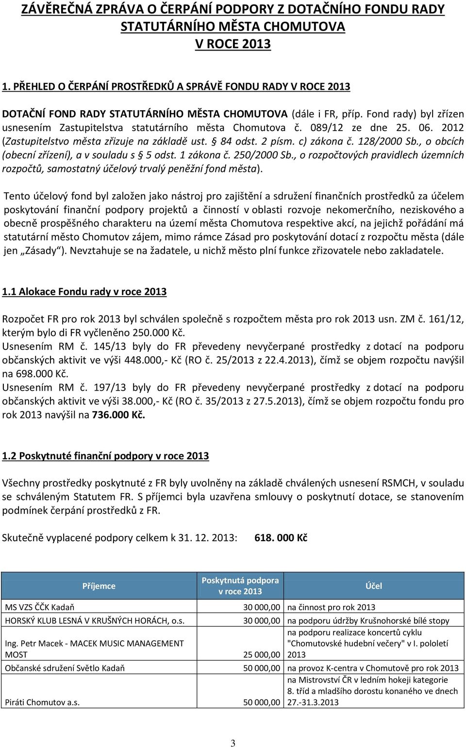 Fond rady) byl zřízen usnesením Zastupitelstva statutárního města Chomutova č. 089/12 ze dne 25. 06. 2012 (Zastupitelstvo města zřizuje na základě ust. 84 odst. 2 písm. c) zákona č. 128/2000 Sb.