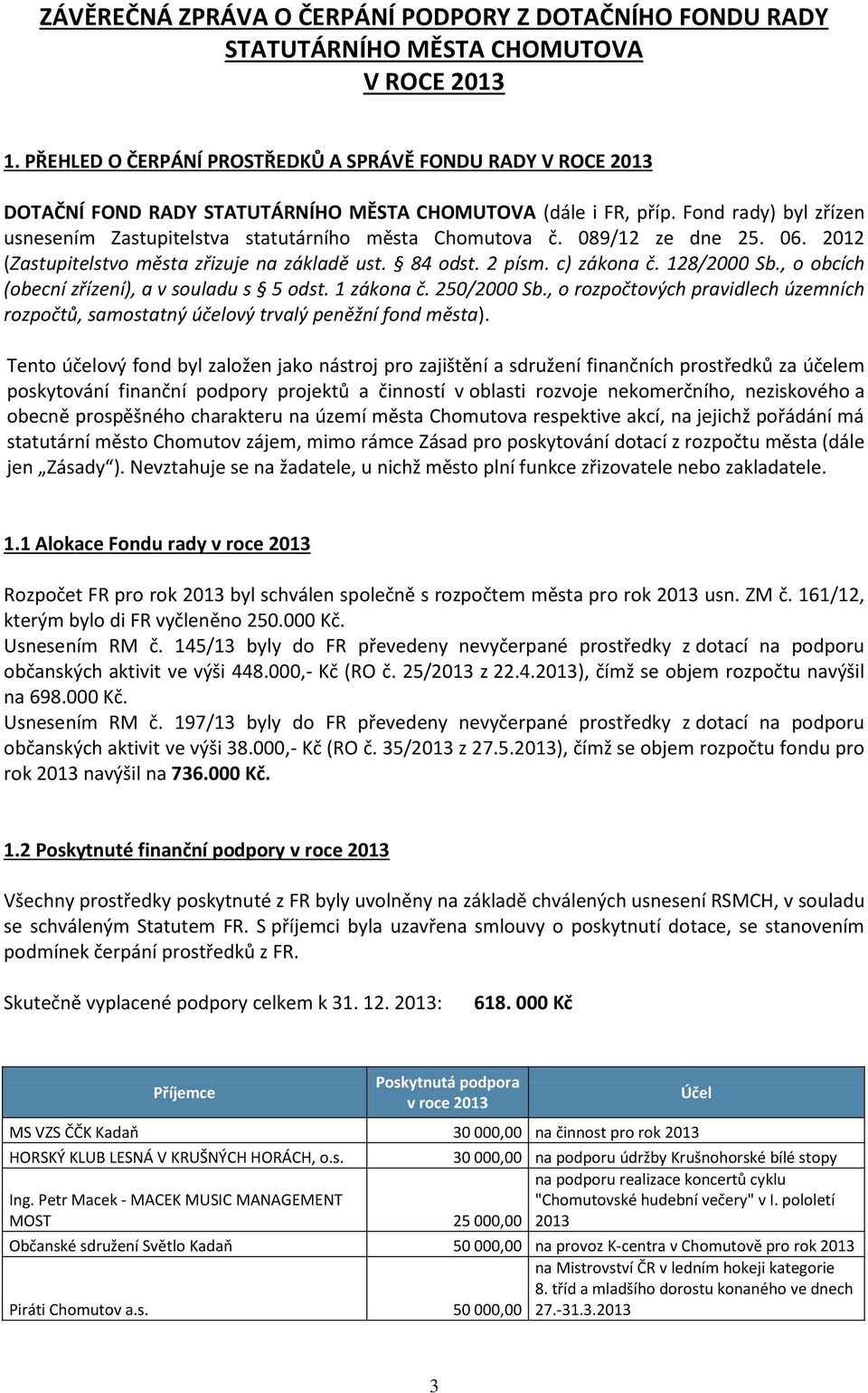 Fond rady) byl zřízen usnesením Zastupitelstva statutárního města Chomutova č. 089/12 ze dne 25. 06. 2012 (Zastupitelstvo města zřizuje na základě ust. 84 odst. 2 písm. c) zákona č. 128/2000 Sb.