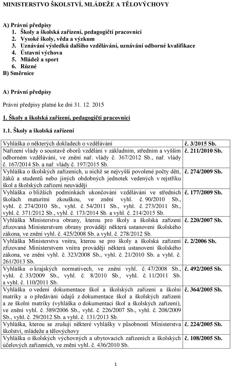 Školy a školská zařízení, pedagogičtí pracovníci 1.1. Školy a školská zařízení Vyhláška o některých dokladech o vzdělávání č. 3/2015 Sb.