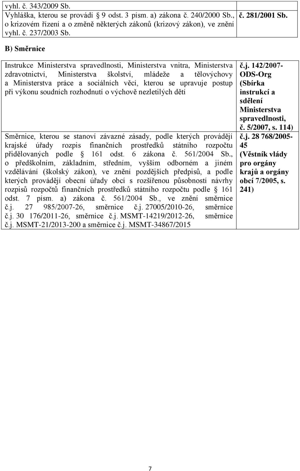 upravuje postup při výkonu soudních rozhodnutí o výchově nezletilých dětí Směrnice, kterou se stanoví závazné zásady, podle kterých provádějí krajské úřady rozpis finančních prostředků státního