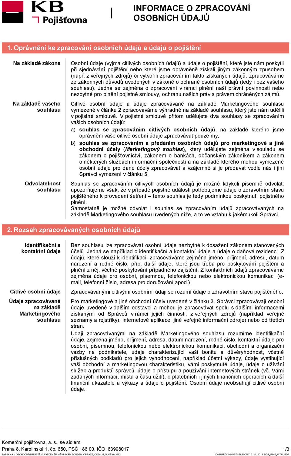 jste nám poskytli při sjednávání pojištění nebo které jsme oprávněně získali jiným zákonným způsobem (např.
