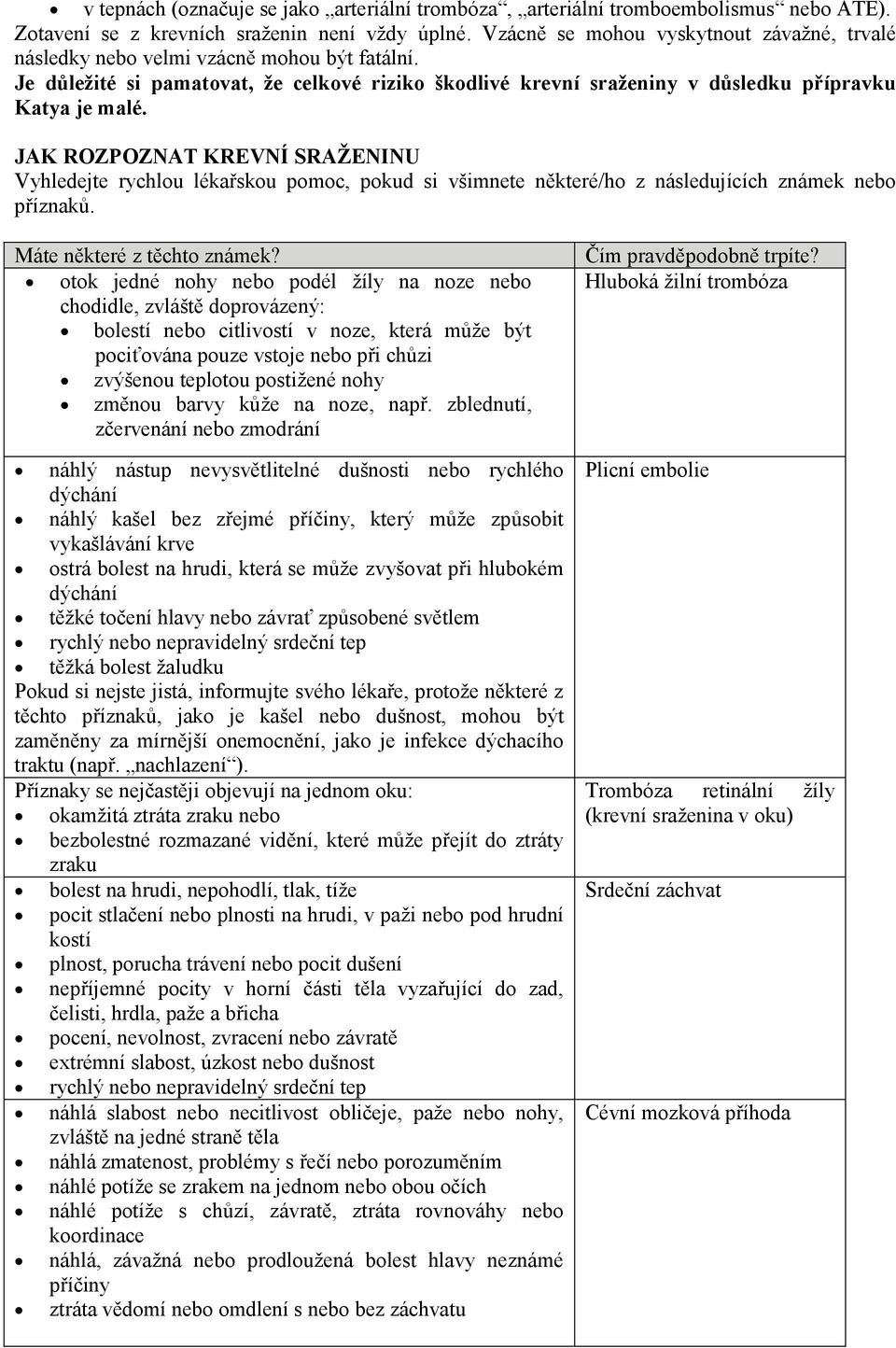 JAK ROZPOZNAT KREVNÍ SRAŽENINU Vyhledejte rychlou lékařskou pomoc, pokud si všimnete některé/ho z následujících známek nebo příznaků. Máte některé z těchto známek?