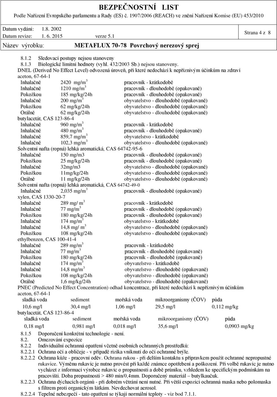 (opakovaně) Pokožkou 185 mg/kg/24h pracovník dlouhodobě (opakovaně) Inhalačně 200 mg/m 3 obyvatelstvo dlouhodobě (opakovaně) Pokožkou 62 mg/kg/24h obyvatelstvo dlouhodobě (opakovaně) Orálně 62