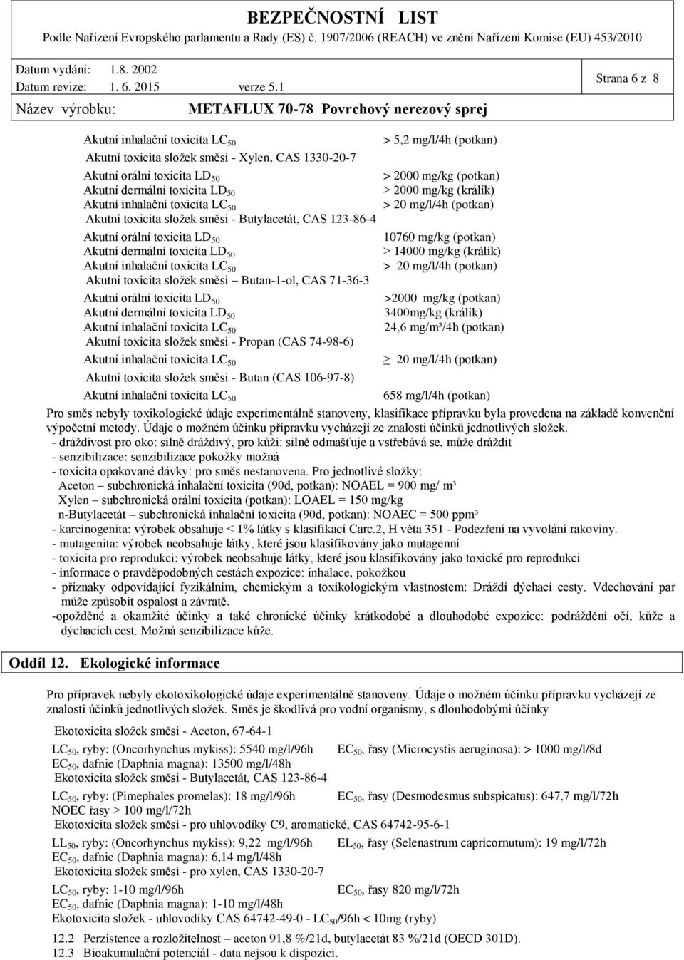 toxicita složek směsi Propan (CAS 74986) 20 mg/l/4h (potkan) Akutní toxicita složek směsi Butan (CAS 106978) 658 mg/l/4h (potkan) Pro směs nebyly toxikologické údaje experimentálně stanoveny,