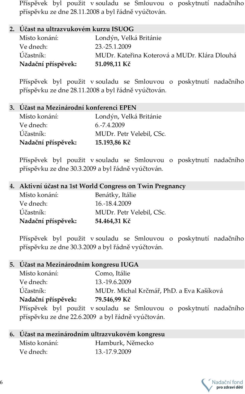 Petr Velebil, CSc. Nadační příspěvek: 15.193,86 Kč příspěvku ze dne 30.3.2009 a byl řádně vyúčtován. 4. Aktivní účast na 1st World Congress on Twin Pregnancy Benátky, Itálie Ve dnech: 16.-18.4.2009 MUDr.