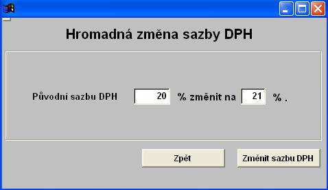 1.8 HROMADNÁ ZMĚNA SAZBY DPH SKLAD Hromadnou změnu sazeb DPH u jednotlivých dílů v ceníku materiálu lze provést volbou Hromadná změna sazby DPH.