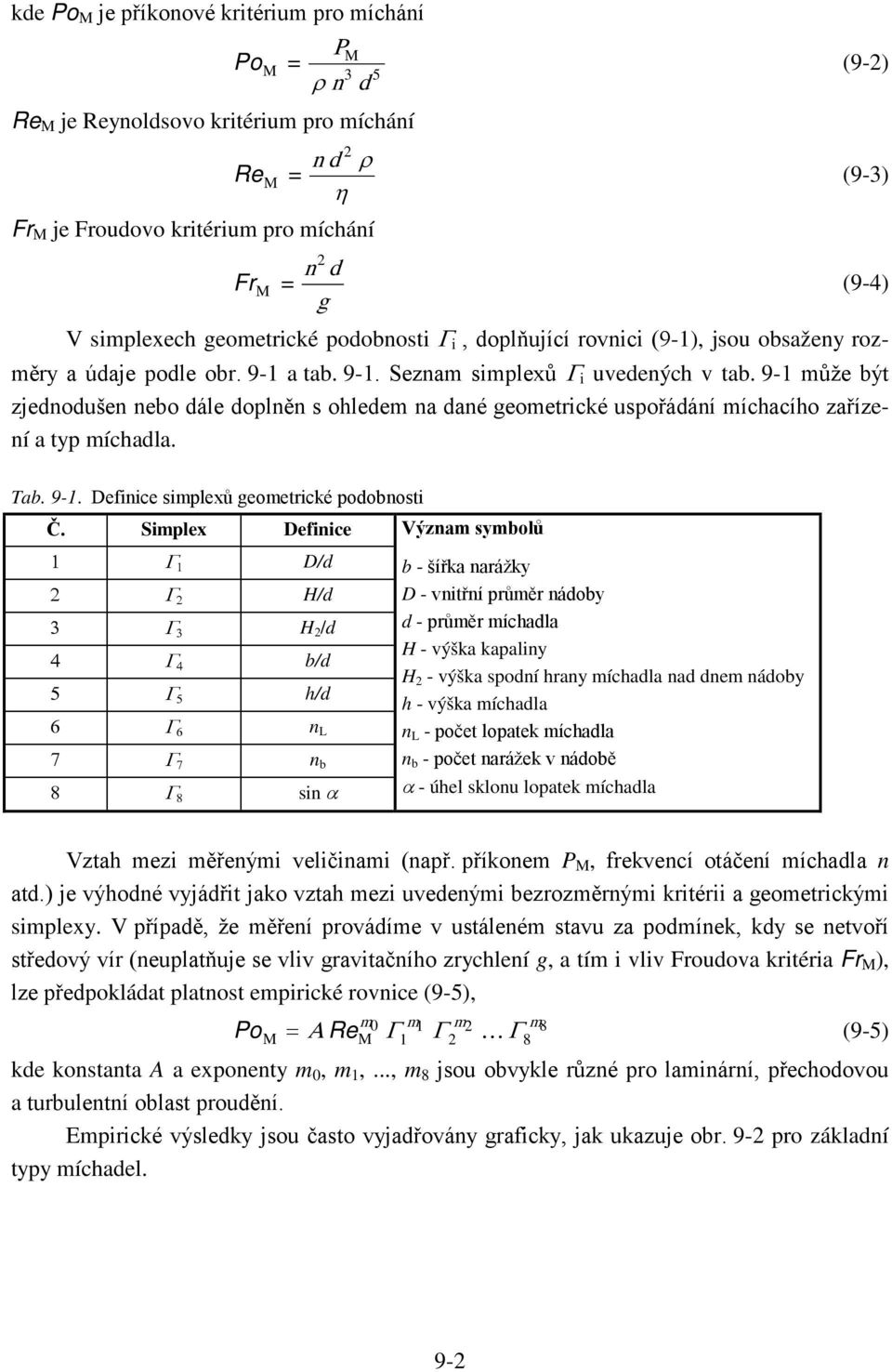 9-1 může být zjednodušen nebo dále doplněn s ohledem na dané geometrické uspořádání míchacího zařízení a typ míchadla. Tab. 9-1. Definice simplexů geometrické podobnosti Č.