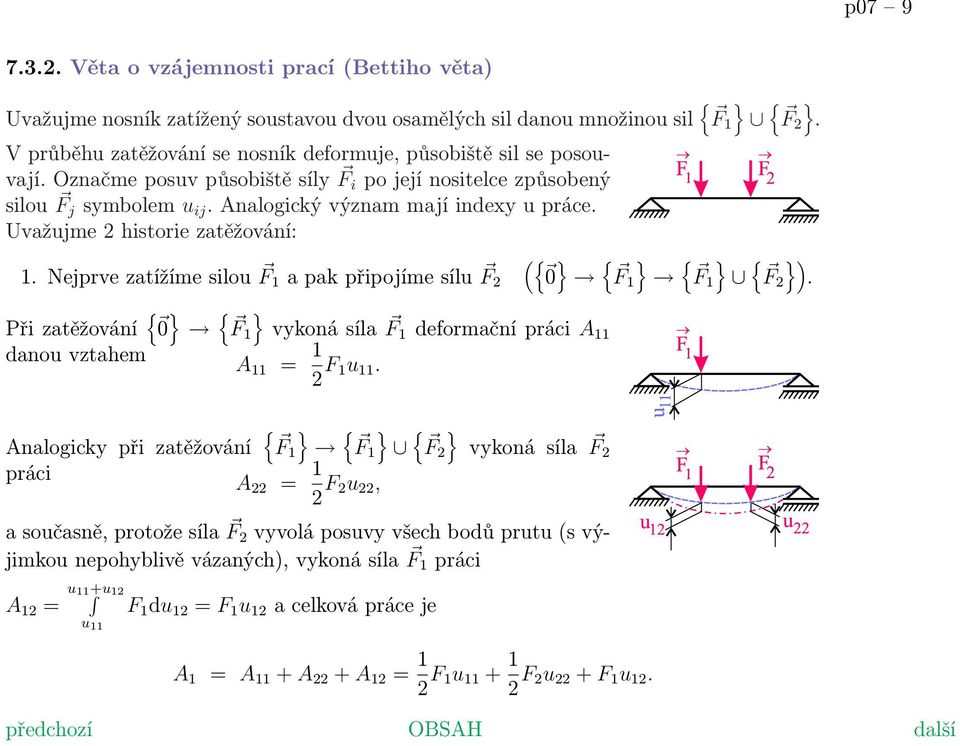 Uvažujme 2 historie zatěžování: 1. Nejprve zatížíme silou F 1 a pak připojíme sílu F 2 ({ 0 { F1 { F1 { F2 ).