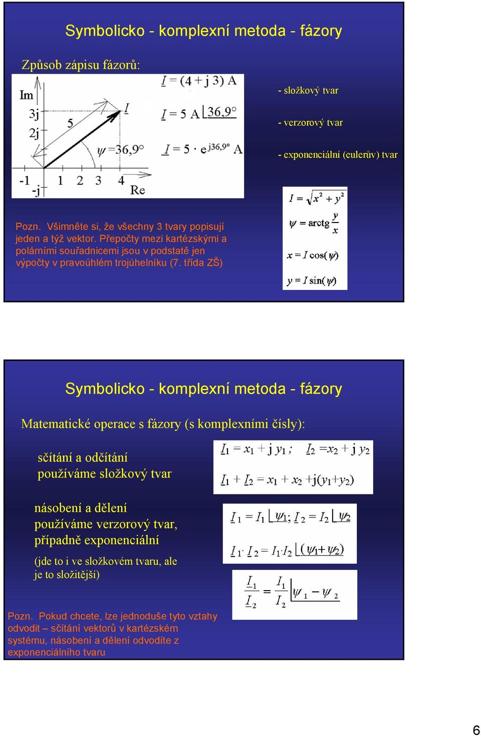 třída ZŠ) Symbolicko - komplexní metoda - fázory Matematické operace s fázory (s komplexními čísly): sčítání a odčítání používáme složkový tvar násobení a dělení používáme
