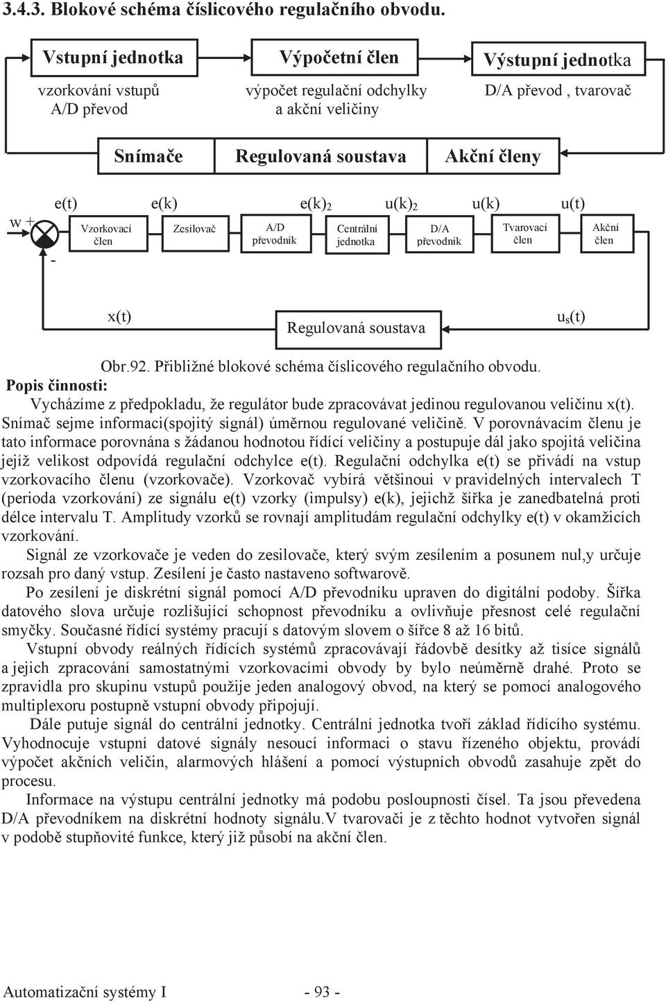 e(k) 2 u(k) 2 u(k) u(t) Vzorkovací len Zesilova A/D p evodník Centrální jednotka D/A p evodník Tvarovací len Ak ní len x(t) Regulovaná soustava u s (t) Obr.92.