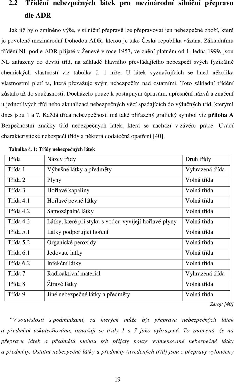 ledna 1999, jsou NL zařazeny do devíti tříd, na základě hlavního převládajícího nebezpečí svých fyzikálně chemických vlastností viz tabulka č. 1 níže.