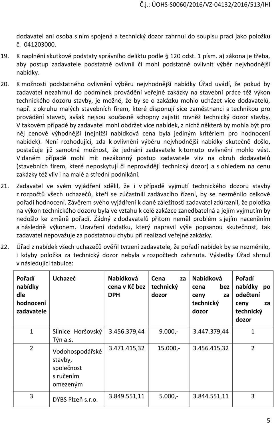 K možnosti podstatného ovlivnění výběru nejvhodnější nabídky Úřad uvádí, že pokud by zadavatel nezahrnul do podmínek provádění veřejné zakázky na stavební práce též výkon technického dozoru stavby,