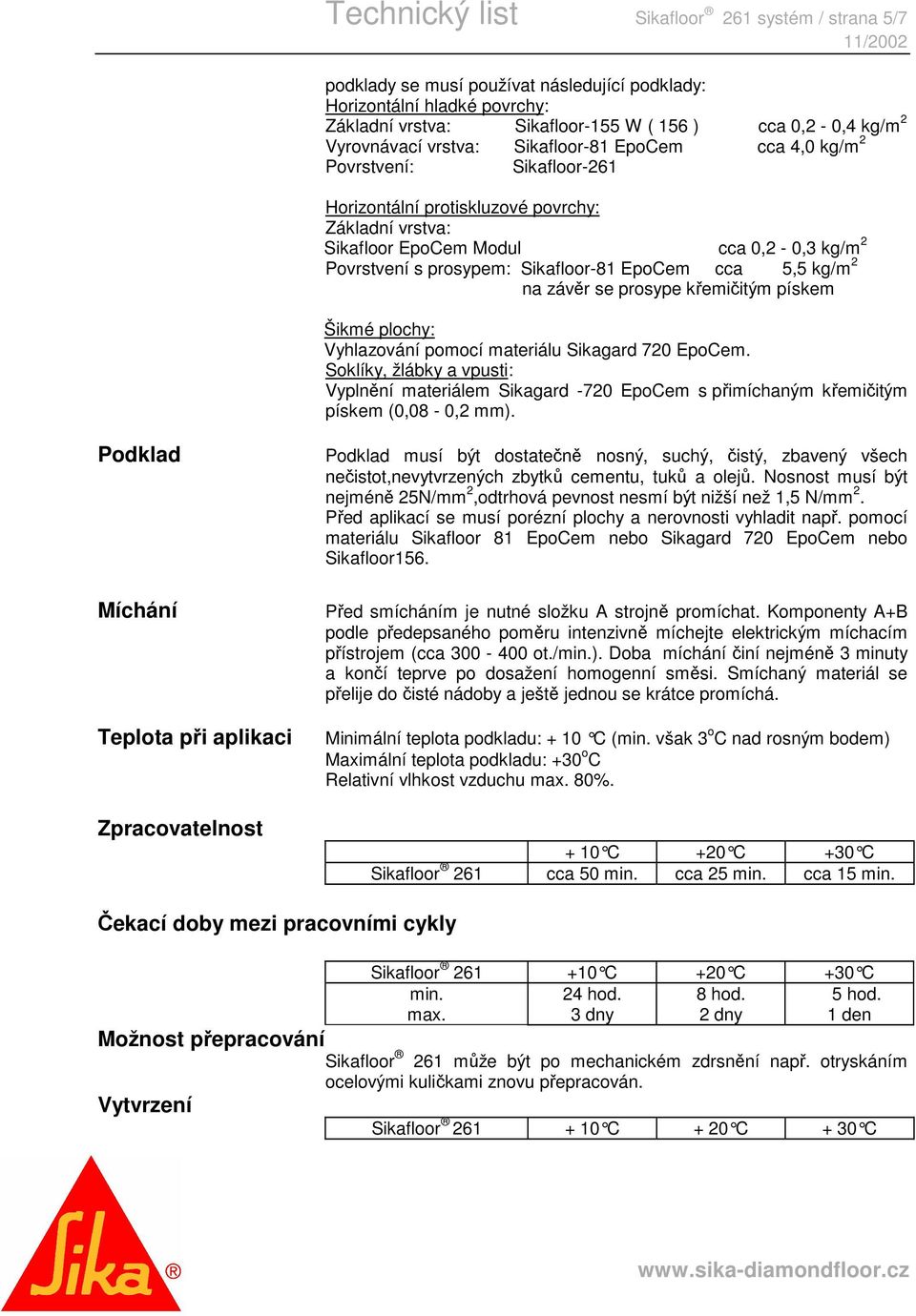 EpoCem cca 5,5 kg/m 2 na závěr se prosype křemičitým pískem Šikmé plochy: Vyhlazování pomocí materiálu Sikagard 720 EpoCem.