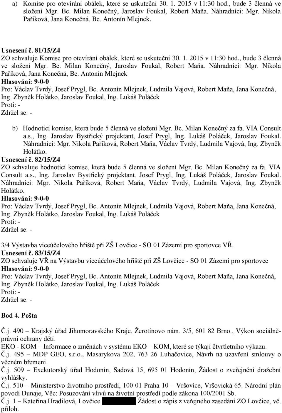 Náhradníci: Mgr. Nikola Paříková, Jana Konečná, Bc. Antonín Mlejnek b) Hodnotící komise, která bude 5 členná ve složení Mgr. Bc. Milan Konečný za fa. VIA Consult a.s., Ing.