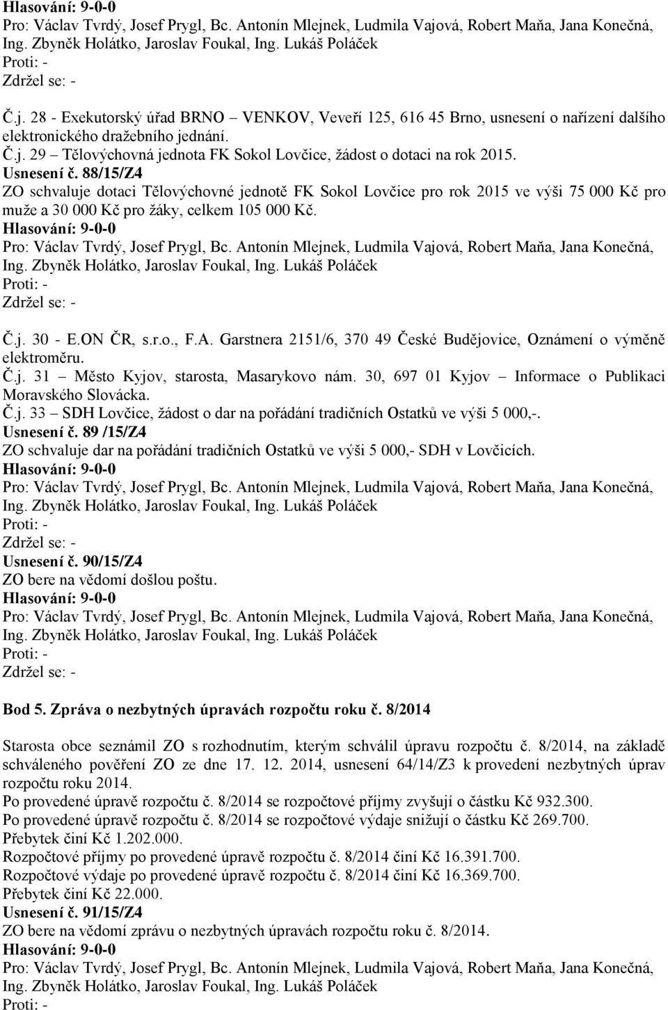 Garstnera 2151/6, 370 49 České Budějovice, Oznámení o výměně elektroměru. Č.j. 31 Město Kyjov, starosta, Masarykovo nám. 30, 697 01 Kyjov Informace o Publikaci Moravského Slovácka. Č.j. 33 SDH Lovčice, žádost o dar na pořádání tradičních Ostatků ve výši 5 000,-.