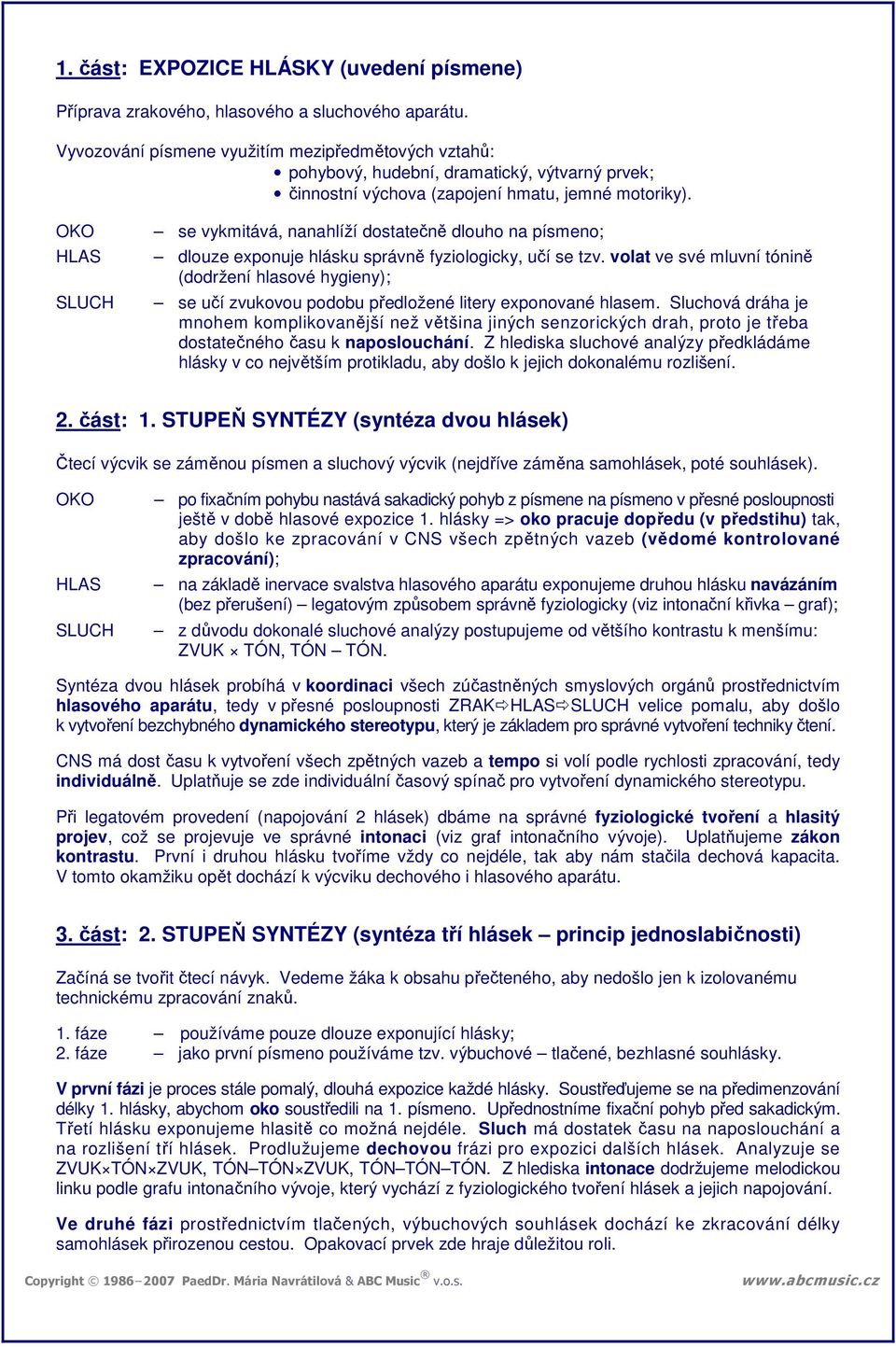 OKO HLAS SLUCH se vykmitává, nanahlíží dostatečně dlouho na písmeno; dlouze exponuje hlásku správně fyziologicky, učí se tzv.