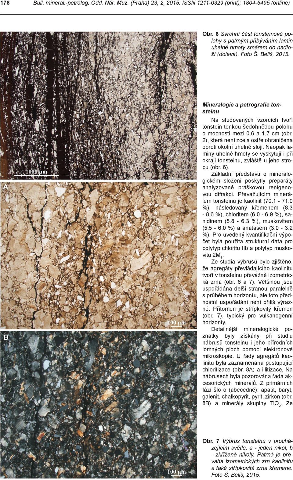Mineralogie a petrografie tonsteinu Na studovaných vzorcích tvoří tonstein tenkou šedohnědou polohu o mocnosti mezi 0.6 a 1.7 cm (obr. 2), která není zcela ostře ohraničena oproti okolní uhelné sloji.