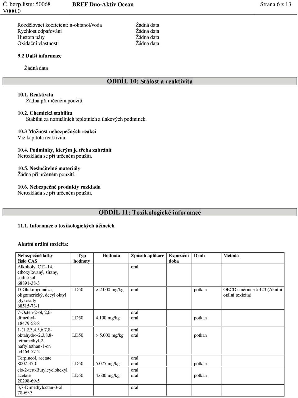 10.4. Podmínky, kterým je třeba zabránit Nerozkládá se při určeném použití. 10.5. Neslučitelné materiály Žádná při určeném použití. 10.6.