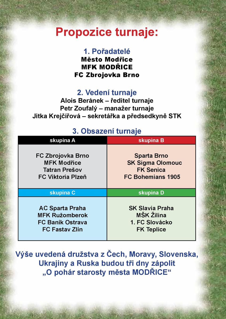 Obsazení turnaje skupina B FC Zbrojovka Brno MFK Modřice Tatran Prešov FC Viktoria Plzeň Sparta Brno SK Sigma Olomouc FK Senica FC Bohemians 1905 skupina