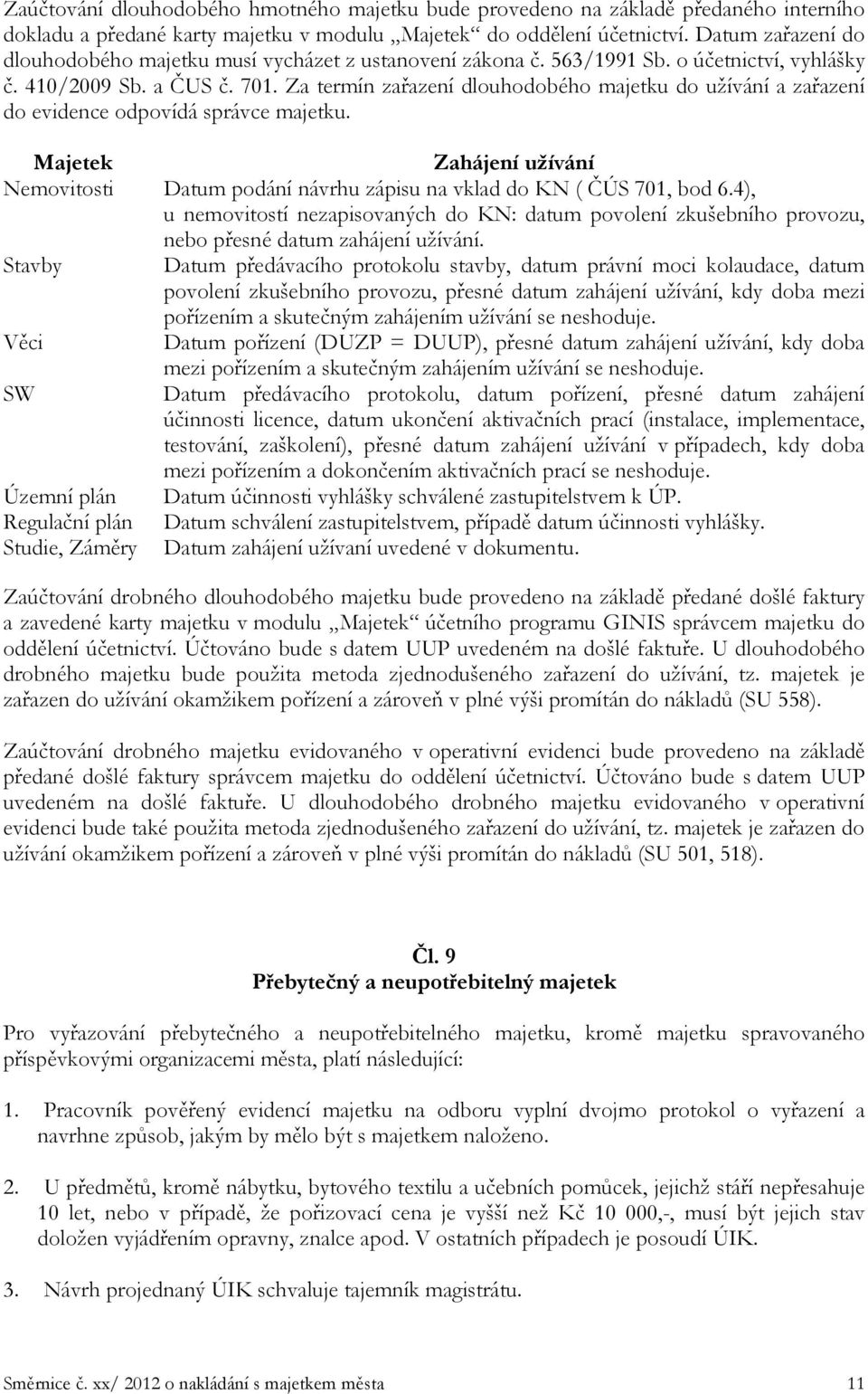 Za termín zařazení dlouhodobého majetku do užívání a zařazení do evidence odpovídá správce majetku. Majetek Zahájení užívání Nemovitosti Datum podání návrhu zápisu na vklad do KN ( ČÚS 701, bod 6.