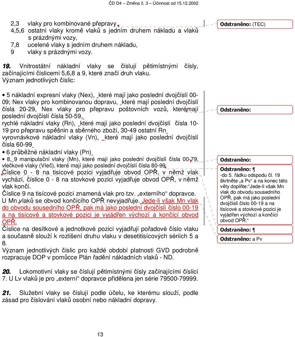 Význam jednotlivých číslic: 5 nákladní expresní vlaky (Nex), které mají jako poslední dvojčíslí 00-09; Nex vlaky pro kombinovanou dopravu, které mají poslední dvojčíslí čísla 20-29, Nex vlaky pro