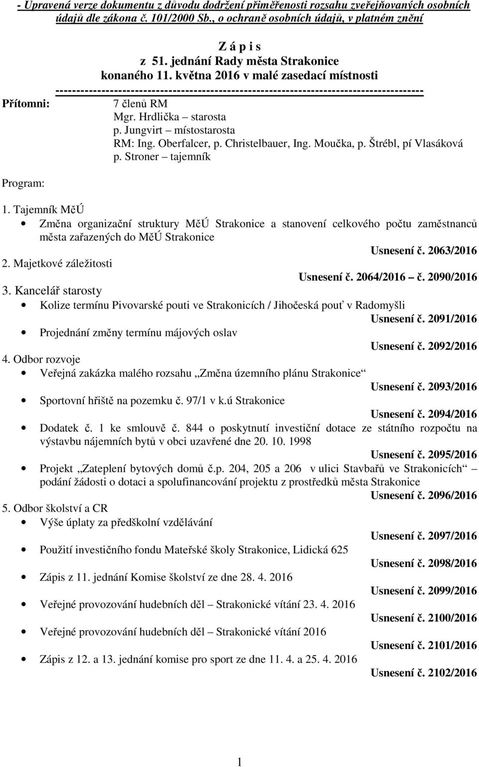 Hrdlička starosta p. Jungvirt místostarosta RM: Ing. Oberfalcer, p. Christelbauer, Ing. Moučka, p. Štrébl, pí Vlasáková p. Stroner tajemník Program: 1.