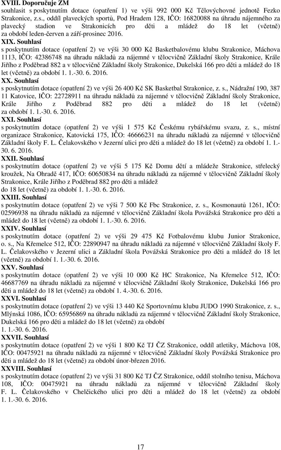 XIX. Souhlasí s poskytnutím dotace (opatření 2) ve výši 30 000 Kč Basketbalovému klubu Strakonice, Máchova 1113, IČO: 42386748 na úhradu nákladů za nájemné v tělocvičně Základní školy Strakonice,